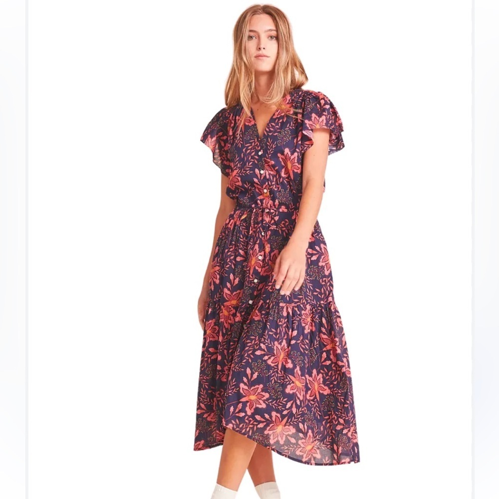 Trovata Floral Midi Dress in Navy with Coral Pink Accents